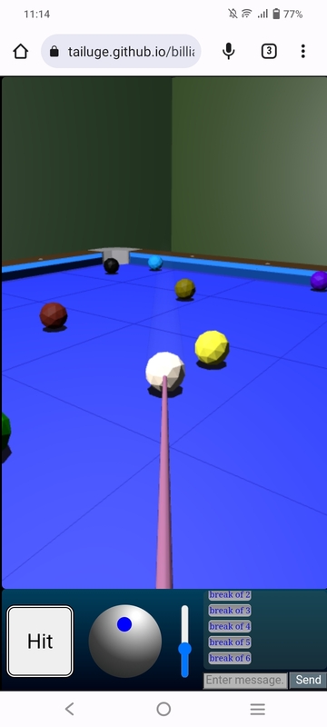 Aim view along the cue on a mobile touchscreen snooker game