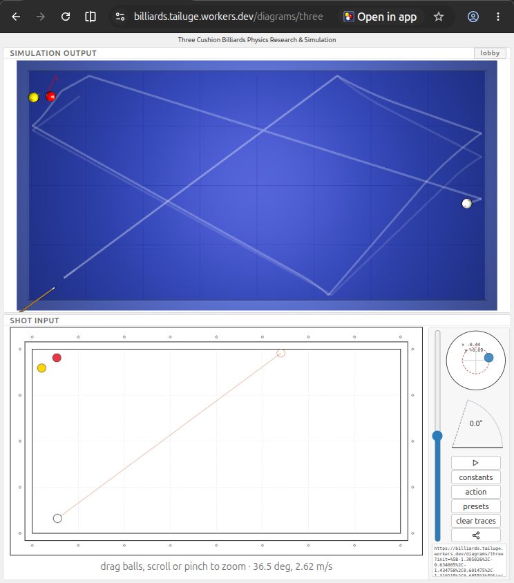 Simulation output for a three-cushion shot shown above the shot input panel with aim, spin and elevation controls